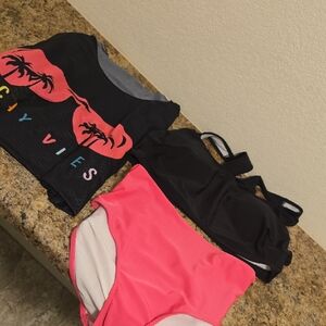 Black & Neon Pink Three-Piece Swim Set